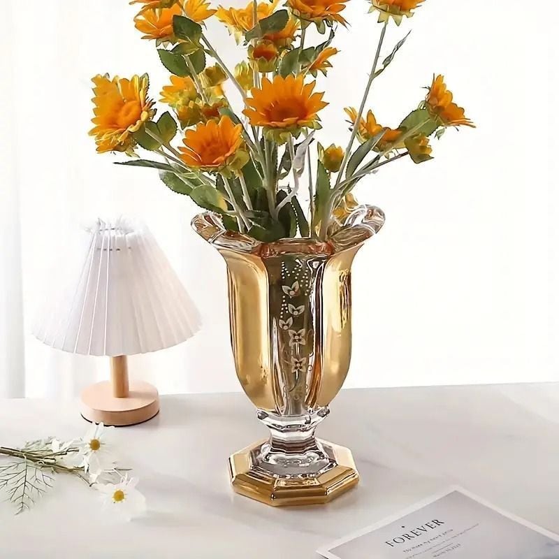 花瓶 ガラス フラワーベース 一輪挿し 花器 おしゃれ 上品 口径21.5cm レトロ ブラウン 透明 リビング 窓辺 テーブル 玄関 プレゼント 輸入雑貨｜たねまるクローズショップ