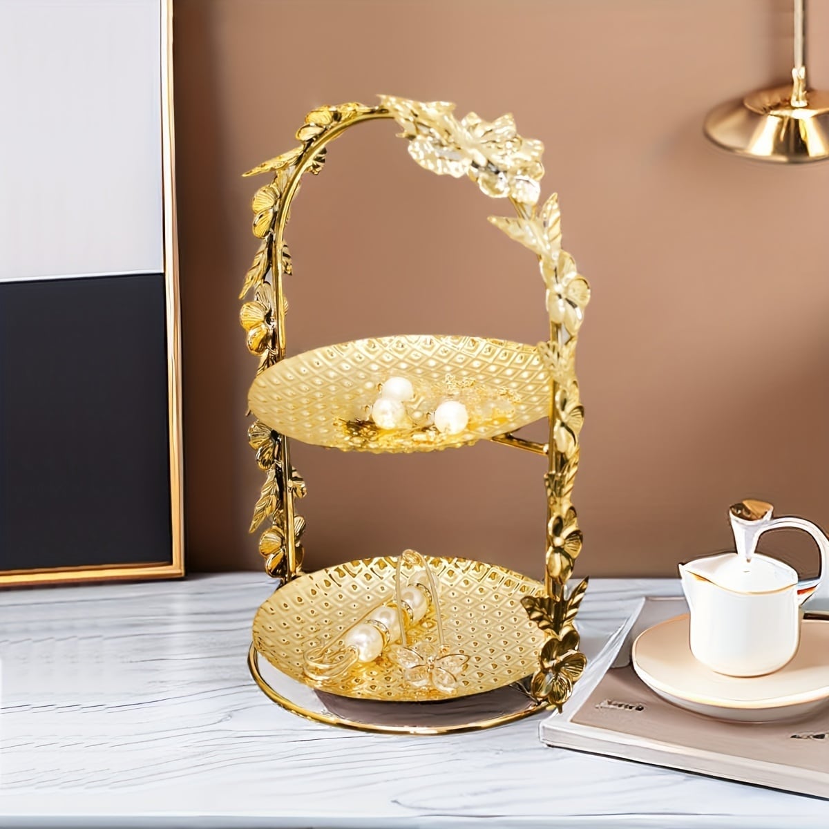 アクセサリートレイ ゴールド 花 装飾 アクセサリーケース スタンド 小物入れ 2段 シンプル アフタヌーンティー皿風 おしゃれ かわいい ゴージャス