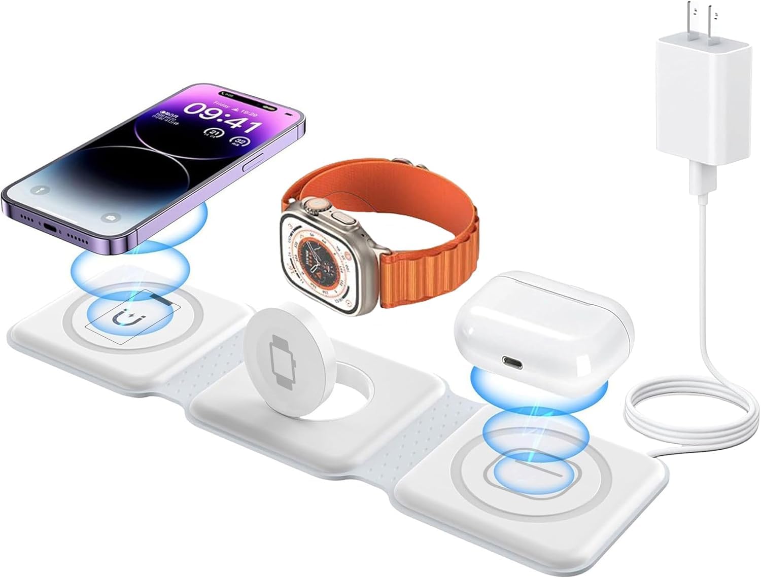 ワイヤレス充電器3 in 1 折り畳み式 急速充電マグネット式 同時にFor iPhone/iwartch/Airpods磁気充電 無線充電器に対応for iPhone 15/14/13/12/Galaxy S20/S10/AirPods 2/AirPods Pro/Apple Watchなど対応 誕生日 祝日プレゼント(QC3.0アダプター付属）