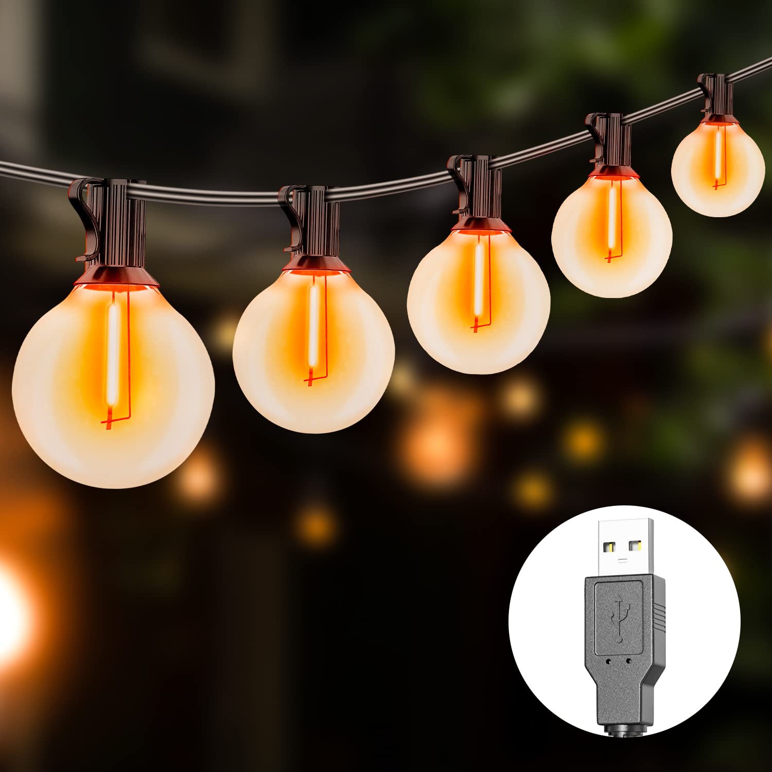 LED ストリングライト、照明、USB 充電式、防雨、E12 ソケット 25 個、LED 電球 27 個 (25+2 予備)、LED ライト、キャンプ、防水、防塵、屋内、ストリングライト、パーティー/フェスティバル、屋外ライト、ガーランドライト