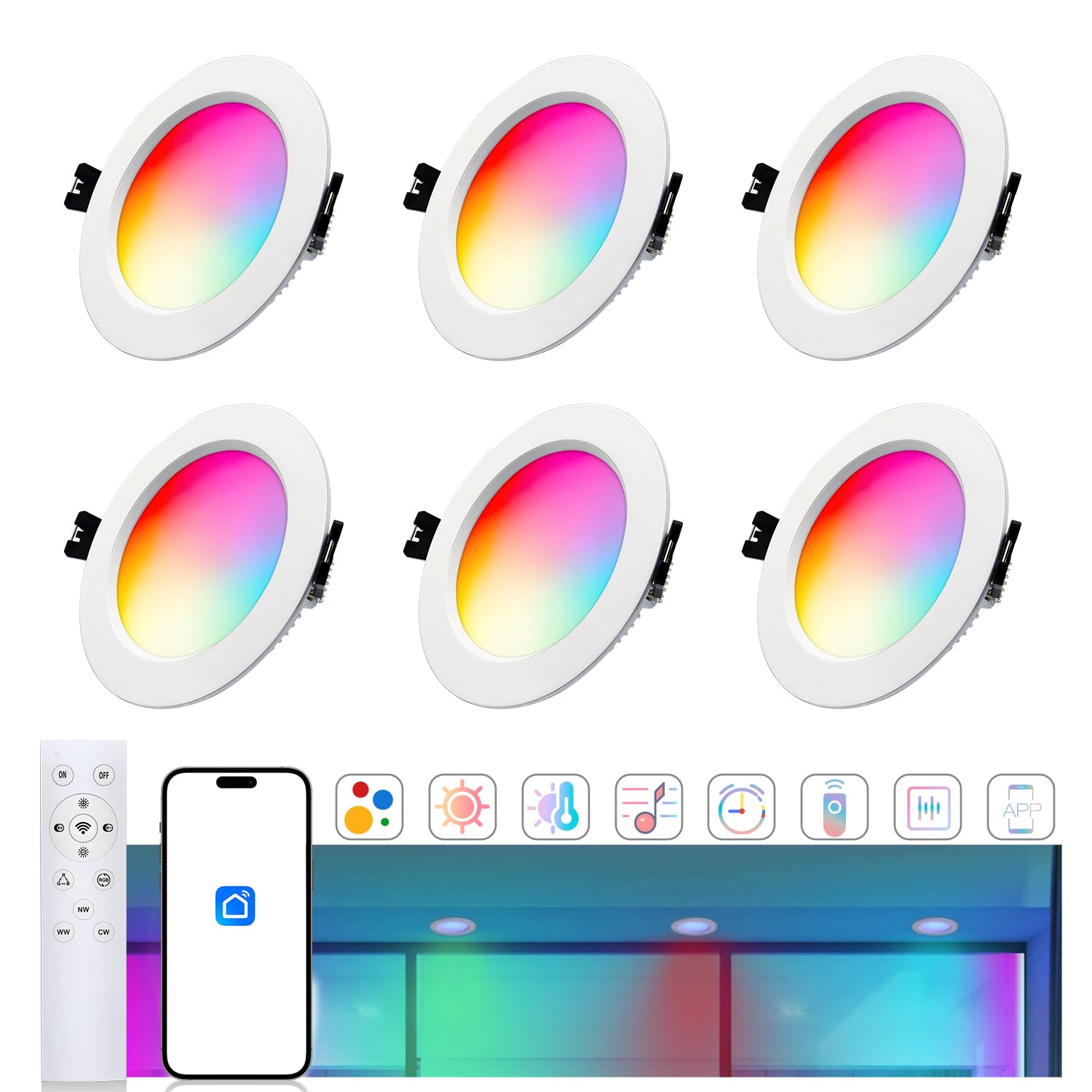 LEDダウンライト 90~100φ 調光 調色 10W RGBW CCT 6PCS 埋め込み式天井ライト スマートダウンライト