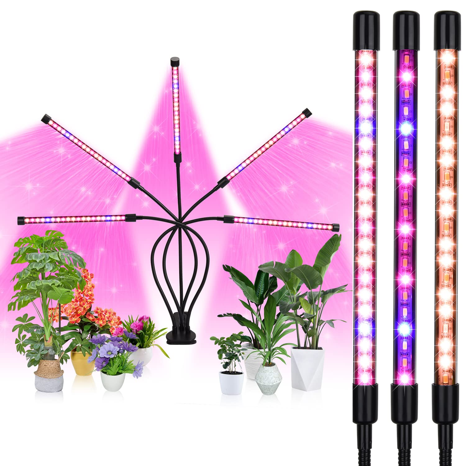 ライト LED 植物ライト 5ヘッド 室内栽培ランプランプ 定時機能 (3H / 6H / 12H) 5段階調光 360°調整可能 3つの照明パターン 解消 植物成長促進用ランプ 食虫植物 塊根植物 多肉植物 水草栽培 野菜工場 家庭菜園 野菜育成室内園芸