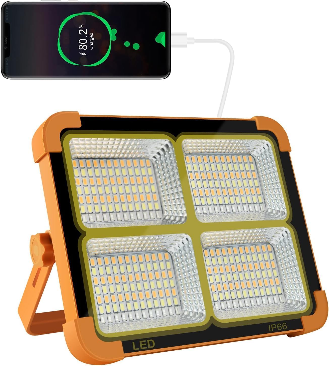 LED 作業灯 投光器 ランタン 充電式 100Ｗ 8600lm 高輝度 10400mAH大容量 IP66防水 4つ点灯モード 太陽光発電 マグネット付き モバイルバッテリー機能付き 折り畳み式 コンパクト夜釣り 防災 停電 緊急 地震対策 停電対応 夜間工事 車の修理 オレンジ