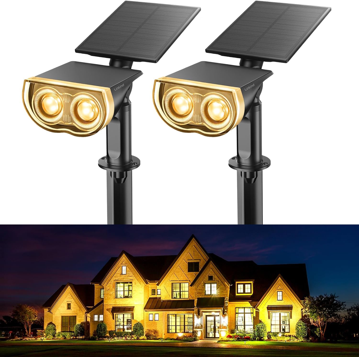ソーラーライト 屋外 調節可能ソーラーパネル 2つの設置方法 自動点灯 10LEDs 超明るい 防犯防災 IP65防水 庭やパティオの樹木用ソーラー景観ガーデンライト (2個セット, 暖色系)