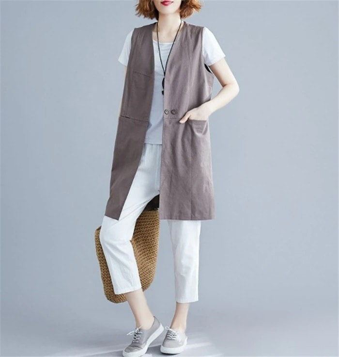 ベスト レディース 春 リネンライクロングジレ ジレ ロングコートノースリーブ ロングジレ トレンチ｜たねまるクローズショップ