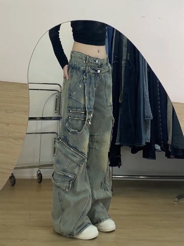 春夏 デニムパンツ ロング丈ボトムスハイウエストジーンズ ストリートファッション系ファッション練習ジーンズ シルエット加工ゆったりレッグレディースカジュアルジーパン衣装