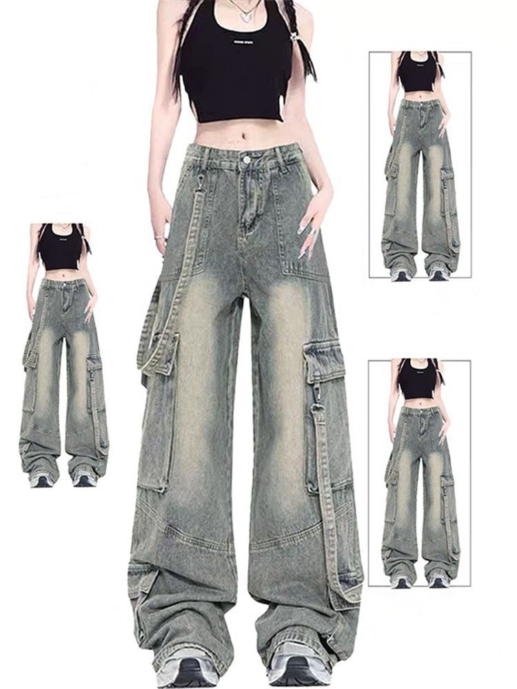 春夏 デニムパンツ ロング丈ボトムスハイウエストジーンズ ストリートファッション系ファッション練習ジーンズ シルエット加工ゆったりレッグレディースカジュアルジーパン衣装
