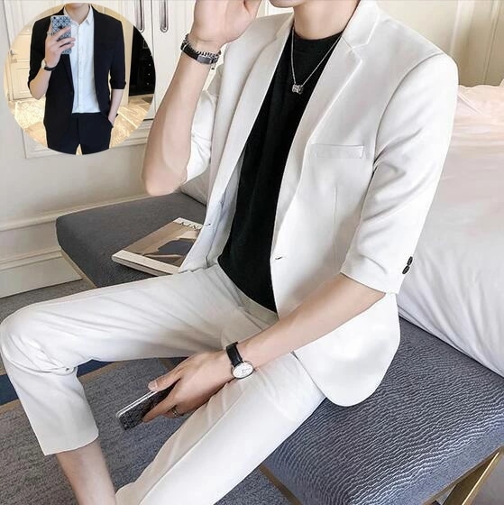 カジュアルスーツ 夏用 メンズ スーツセット 紳士服 スリムスーツ 薄い シングルスーツ 7分袖 スーツ 2点セット ジャケット パンツ 上下 ビジネス フォーマルスーツ パーティ 披露宴｜たねまるクローズショップ