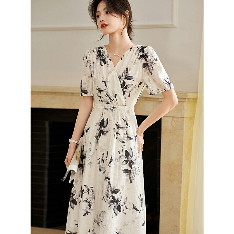 花柄ロングVネックシフォンドレス ワンピース-レディースファッション