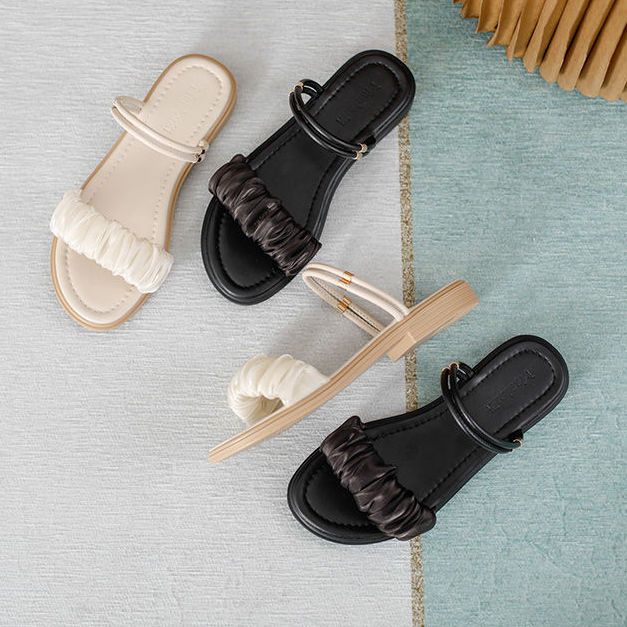 フラットサンダル 涼しげスリッパ女性用外履きレースプリーツフラットサンダル快適 フラットシューズ 春夏 フラットサンダル 2025 着痩せ｜たねまるクローズショップ