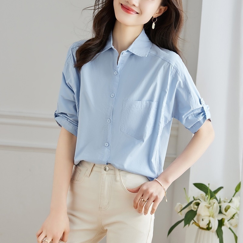 ファッションシースルーシャツ、レディースコットンシャツ、5/8スリーブ、半袖、新作夏トップス、コットンシャツ、韓国風シャツ、レディースファッション、オフィス、カーディガン｜たねまるクローズショップ