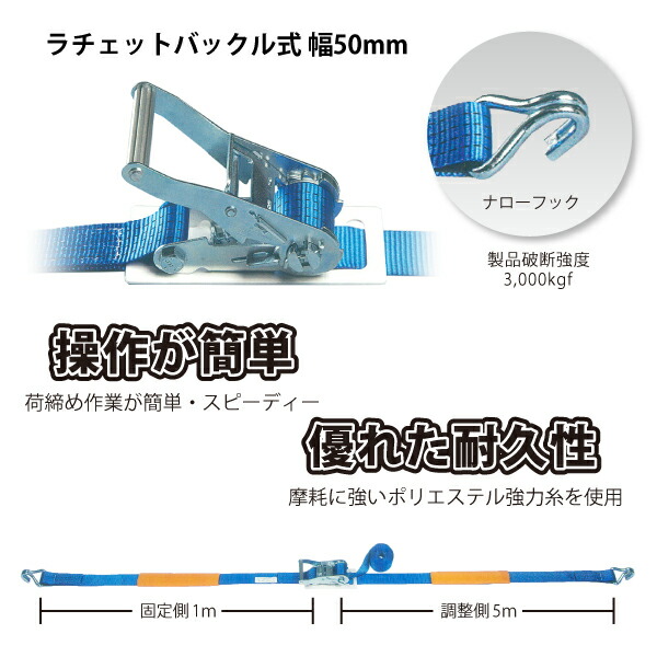 人気急上昇 ラッシングベルト 幅50mm ラチェットバックル式 ナローフック 2本セット 固定側1m 調節側5m 荷締めベルト トラック 牽引  吊り下げ 玉掛 fucoa.cl