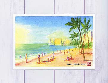 楽天市場】ハワイの海辺( ヨット ビーチ ヤシの木 水彩画 風景画
