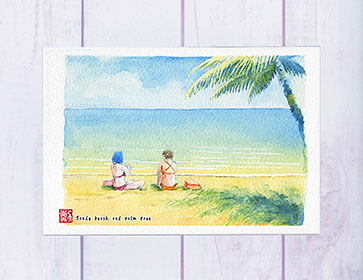楽天市場】ハワイの海辺( ヨット ビーチ ヤシの木 水彩画 風景画