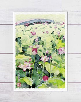 水彩画 池と花 木製フレーム付き 水彩画 池と花 木製フレーム付き