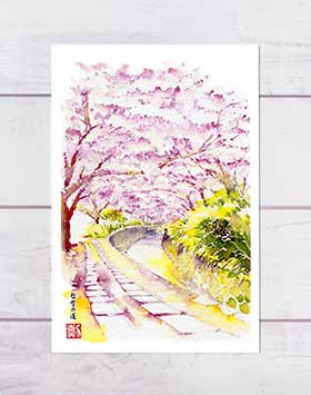 和風の風景画です。 春、桜とローカル線 （透明水彩風景画） JR因美線、美作滝尾駅