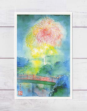 楽天市場 夜空 大花火３ 淀川花火 ポストカード 絵葉書 絵はがき 夏 花火 風物詩 橋 川面に映る花火 大阪 水彩画 風景画 タニムラ ポストカード ストア