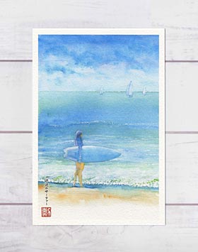 水彩画 F4 額、額装付き　湘南海岸ボートと港の風景　遠くに江ノ島 水彩画 F4 額、額装付き 湘南海岸ボートと港の風景 遠くに江ノ島