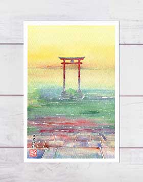 楽天市場 秋の水辺 琵琶湖 白髭神社 湖中鳥居 ポストカード 絵葉書 絵はがき 年賀はがき 秋 鳥居 日の出 白鬚大明神 沖島 近江の厳島 水彩画 風景画 神社仏閣 和風 滋賀 タニムラ ポストカード ストア