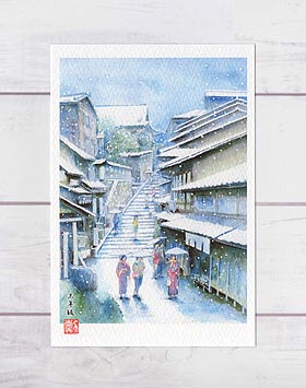 722＊白川郷昼下り　水彩画　原画　透明水彩画 秋の白川郷、合掌造りの集落、岐阜県 【透明水彩風景画