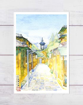 水彩画 石畳の道 木製フレーム付き 楽天市場】石塀小路 ( 自転車 路地 石畳 ノスタルジック 八坂 京都