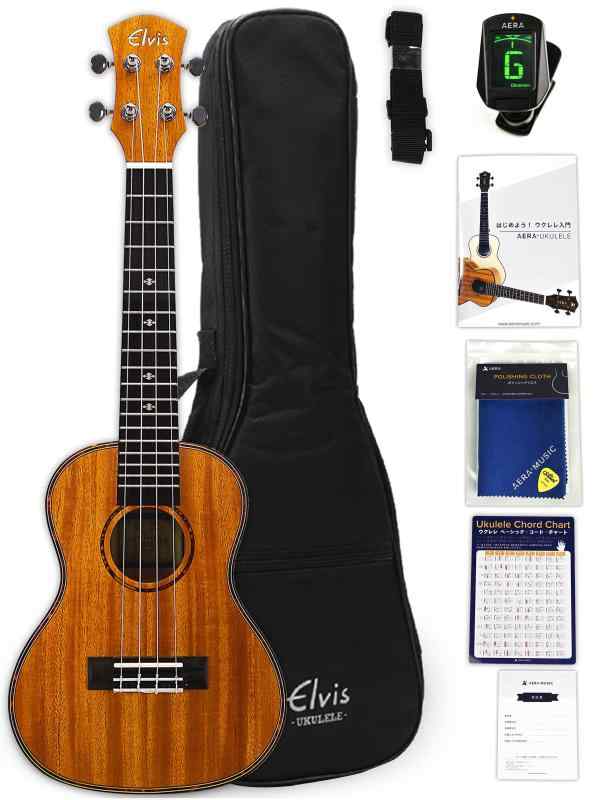 ELVIS エルビス ウクレレ コンサートサイズ マホガニー材 バインディング FIVE-O UKULELE (国内書・チューナー・教則本・コードチャート・ソフトケースなど8点セット)