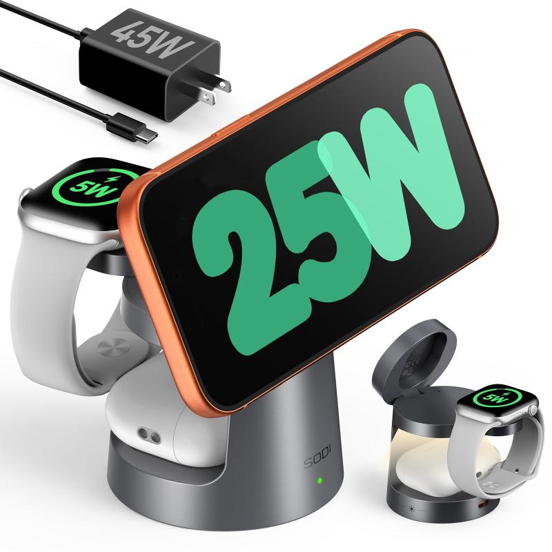 SODI Qi2 25W ワイヤレス充電器 3 in 1 充電スタンド ナイトライト付き 磁気吸着式 急速充電 出張・旅行・オフィス用