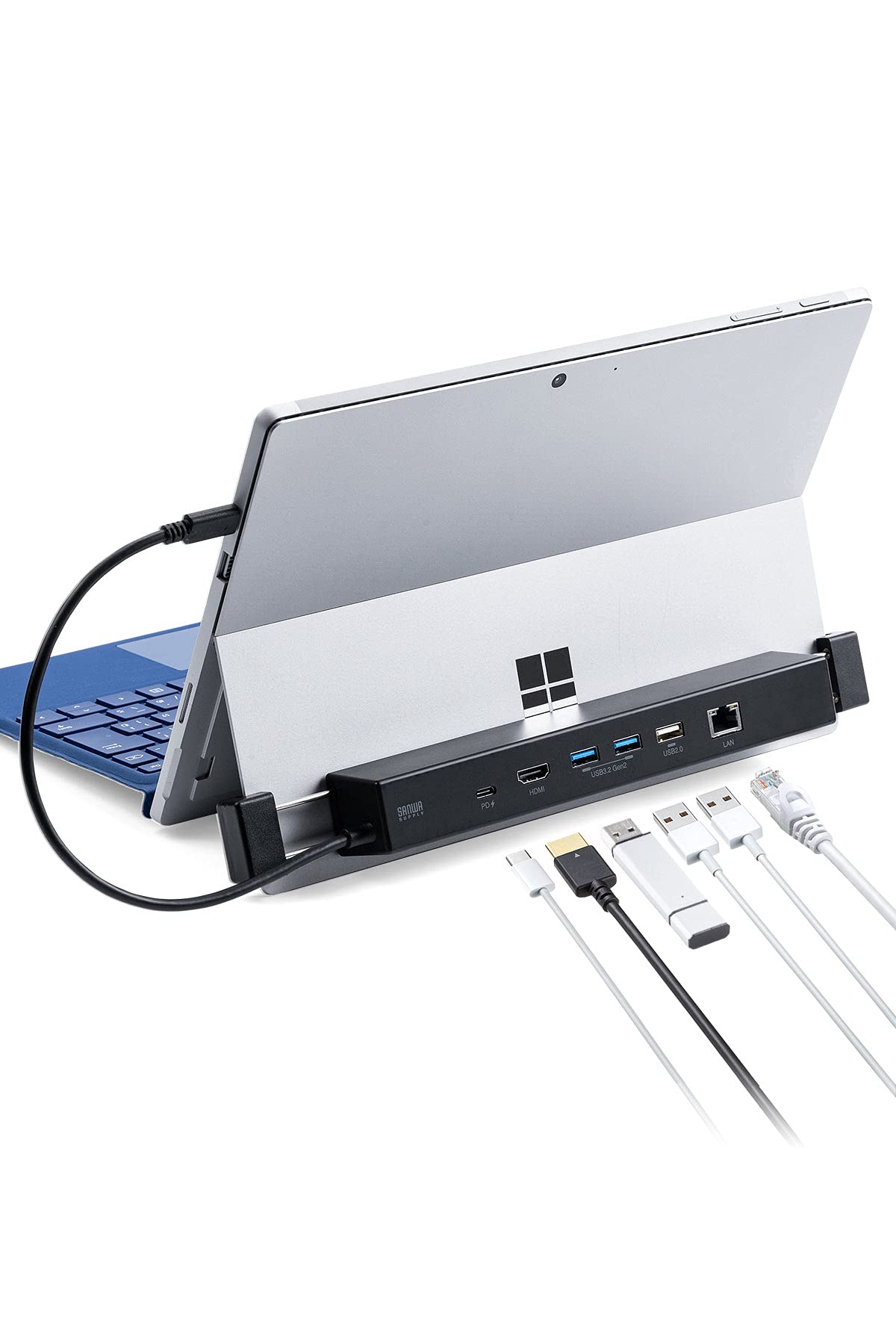 サンワダイレクト ドッキングステーション Surface Pro(第11世代) / Pro10 / Pro9 / Pro8 / Pro7 /Pro7 Plus/Pro X/Go 3 / Go 2 /Go専用 HDMI USB×3ポート 有線LAN PD100W 6in1 400-HUB039BK3|楽しいお買い物館