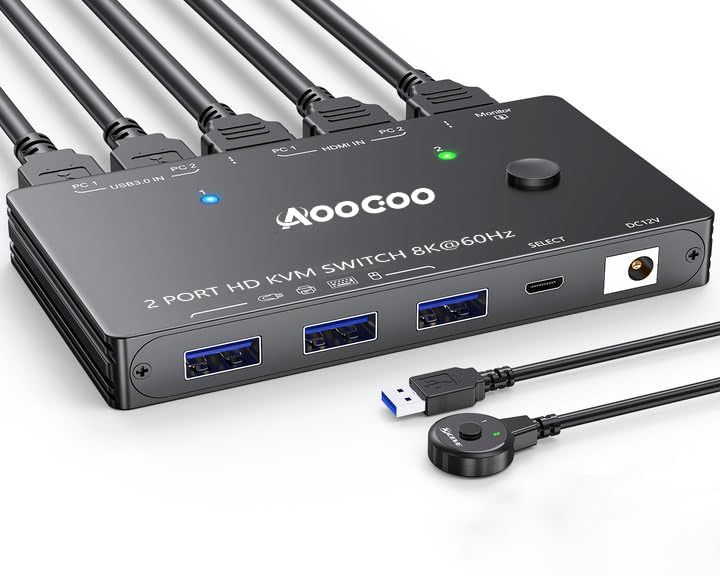 KVM スイッチモニター コンピューター 4K@144Hz 8K@60Hz、HDMI USB3.0 KVM スイッチ、USB 3.0 ポート 3 つ、有線リモコン、電源アダプター、USB 3.0 ケーブル付属｜楽しいお買い物館