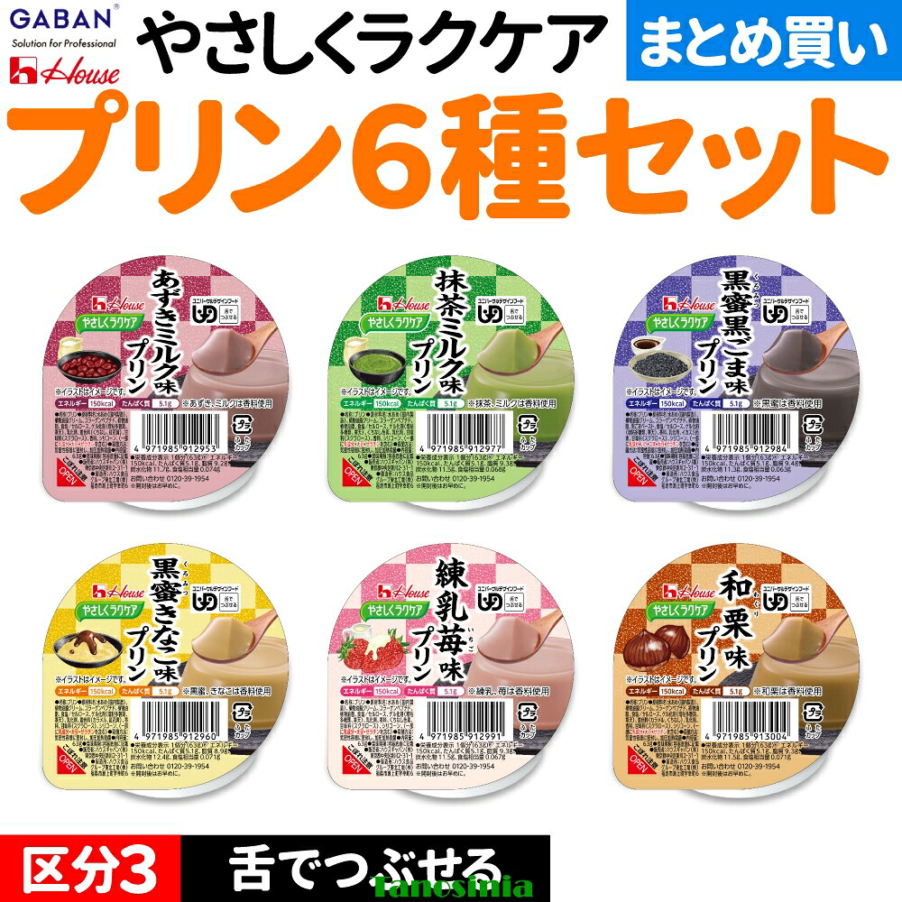 介護食 介護食品 介護 高齢者 デザート スイーツ ゼリー セット 栄養補助食品 栄養食 健康食品 ハウスギャバン やさしくラクケア プリン6種 あずきミルク・抹茶ミルク・黒蜜黒ごま・黒蜜きなこ・練乳苺・和栗|介護用品・健康スポーツタノシニア
