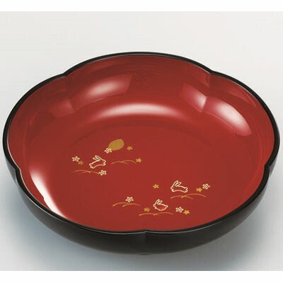 宮本産業 山中塗 梅型 菓子鉢 夢うさぎ (菓子皿 菓子器) 4512951077490 菓子皿 菓子器 和風 和菓子 洋菓子 山中漆器 花型 赤黒 おもてなし 普段使い 日本製画像