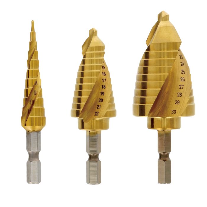 極細ステップドリル&エキスプレスステップドリル 3本組 2mm～30mm 高儀 EXST-300S 極細ステップドリル エキスプレスステップドリル 穴あけ作業 修正 1mm間隔 小径十一段 中径十一段 大径九段 6.35mm六角軸