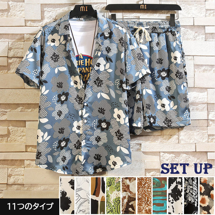 2点セットアップ 総柄 薄手 メンズシャツ 上下セット 普段着 半袖シャツ カジュアルシャツ ハーフパンツ ショートパンツ カジュアルパンツ 五分丈パンツ 大きいサイズ M-5XL 夏服 夏物 海 浜辺 旅行画像