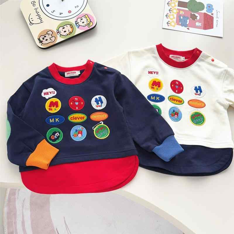 キッズ Tシャツ 長袖 春秋 薄手 ニット ベビー 子供服 男の子 女の子 トップス カットソー 綿100% かわいい 刺繍 吸湿性 ベージュ 紺