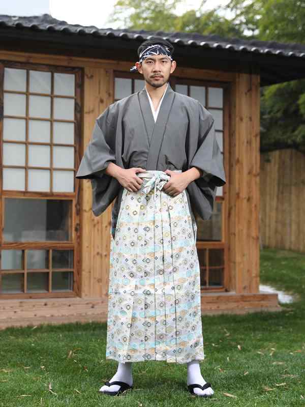 和服 男性用 行灯袴 セットアップ 袴 和風 民族衣装 ポリエステル 無地 グレー 春秋