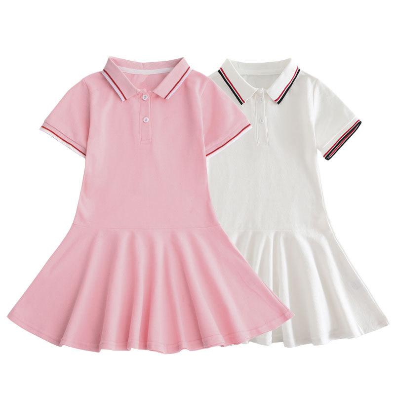 ワンピース 女児 子供服 半袖 ポロシャツ チュニック Aライン ストライプ 無地 綿100% 荷葉邊裙 かわいい 学院風 春夏 薄手 ピンク系 白 紺 110 120 130 140 150 160