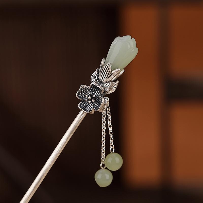 ヘアアクセサリー レディース S925 シルバー 和田玉 レトロ 梅の花 玉蘭花 タッセル かんざし 古典的 髪飾り ヘアピン｜Tanzan