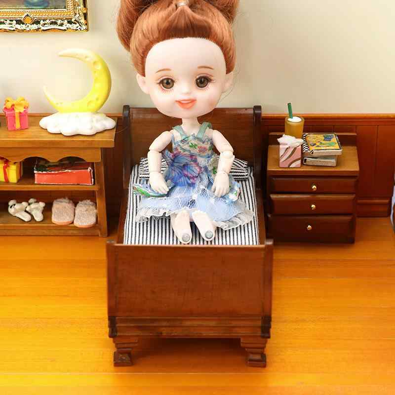 ドールハウス ミニチュア家具 ベッドルーム ミニチュア シーン シミュレーション モデル ブラウン ストライプ レトロ シングルベッド 木製