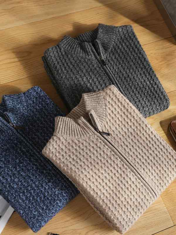 ニット カーディガン メンズ 男性用 ウール100% 秋冬 長袖 ハーフハイネック ジップアップ トップス 紳士服 花柄 グレー 花柄 ブルー 花柄 キャメル