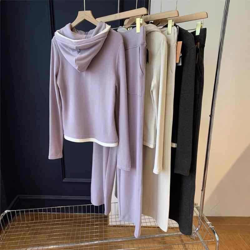 セットアップ レディース 亭主もち服 編み物 絨毛 雑ぜ合わせる 長袖 パーカー 調教師 ティーシャツ ワイドレッグ ズボン下 無地 ゆったり 伸び伸びする 心地よい 韓国風