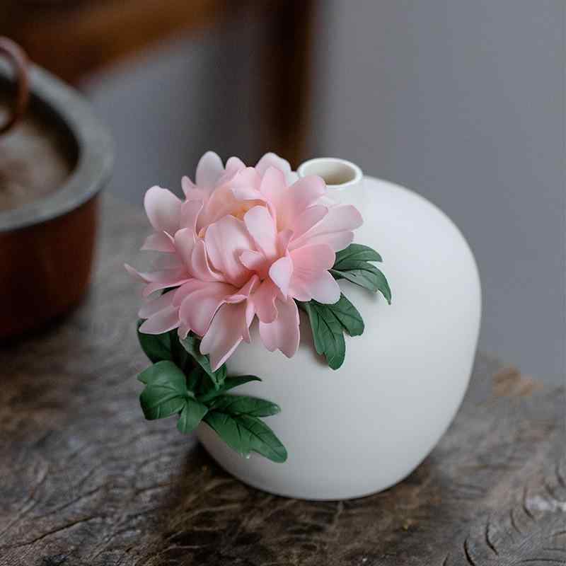 花瓶 中華風 手作り 牡丹 陶器 リビング ダイニング 飾り 高級感 インテリア ピンク むらさき