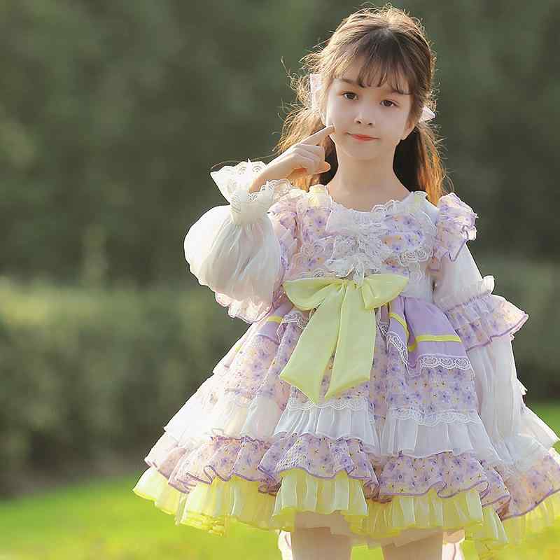 ワンピース キッズ 女の子 ロリータ Lolita プリンセス 春秋 春夏 子供 チュール 花柄 発表会 結婚式 パープル