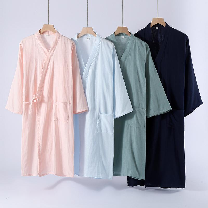 和服 寝巻き パジャマ レディース メンズ 春夏 綿100％ ダブルガーゼ 浴衣 ルームウェア 部屋着 Vネック 薄手 大判 夫婦 ペア 涼しい 快適 ピンク系 ブルー系 グリーン系 ネイビー M L XL