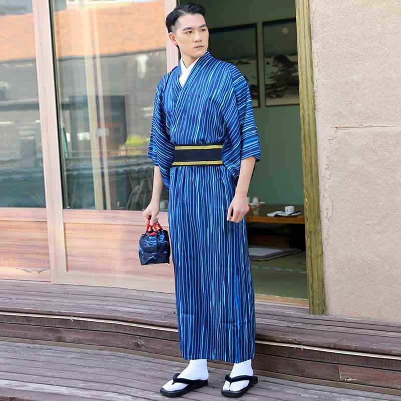 和服 男性用 紳士 武士 伝統衣装 ストライプ柄 和風 着物 ポリエステル 春夏秋冬