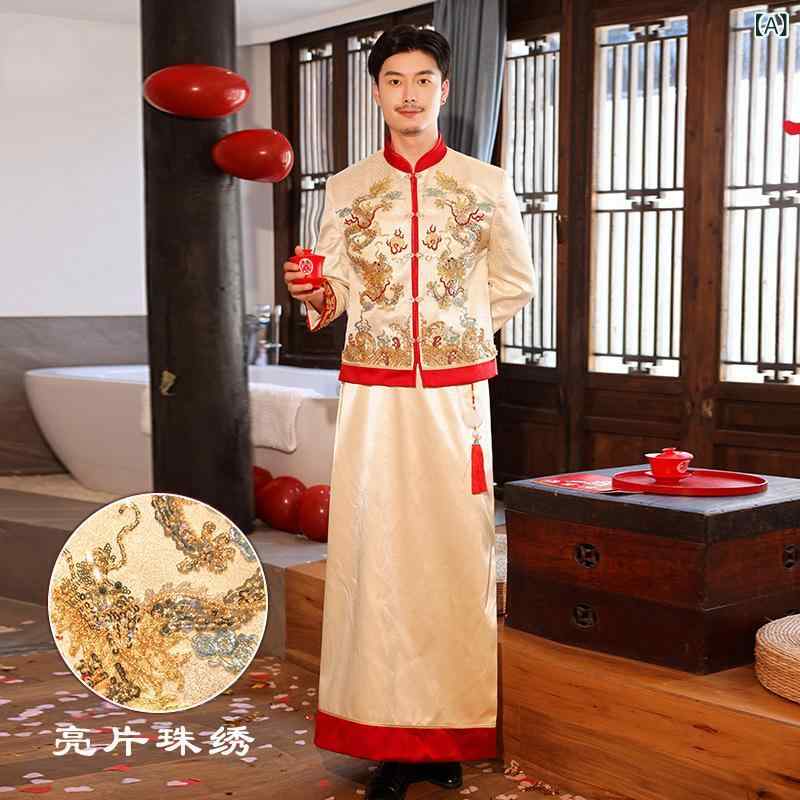 メンズ 男性用 結婚式 披露宴 お色直し 礼服 フォーマルウェア 中国風 刺・墸 シャンパンゴールド ポリエステル 正装 パーティー
