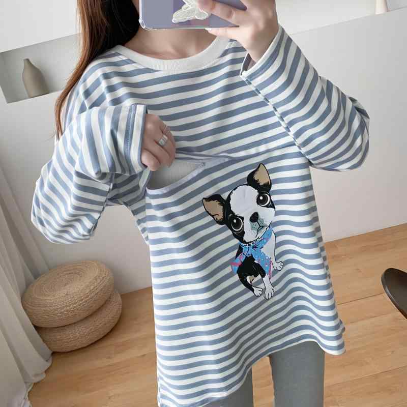 マタニティ 授乳 トップス 春秋 ボーダー柄 妊婦 産後 授乳服 スウェット カットソー M L XL XXL グレー ブルー かわいい
