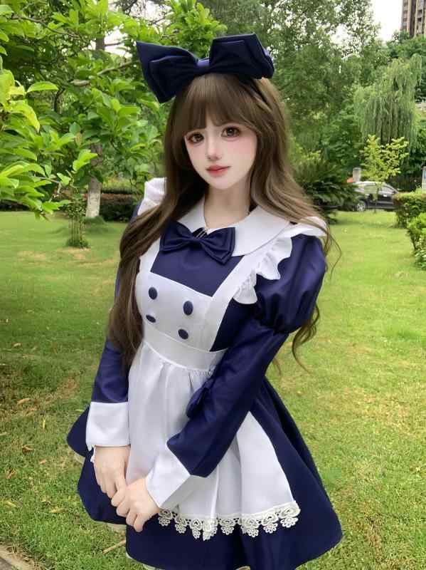 メイド服 レディース ハロウィン コスチューム ロリータ カフェ 制服 紺 ポリエステル 清潔感 95%以上 ファンタジー メイド