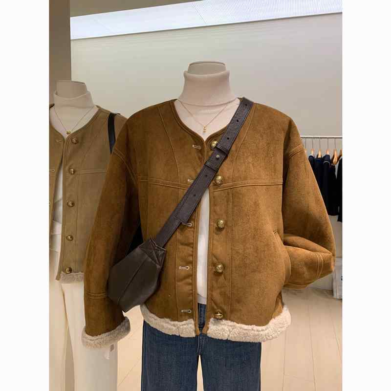 ジャケット レディース バイクスタイル ラウンドネック アウター 冬服 ゆったり ?粒? 裏地 厚手 あったか カジュアル コーヒー色 ライトブラウン