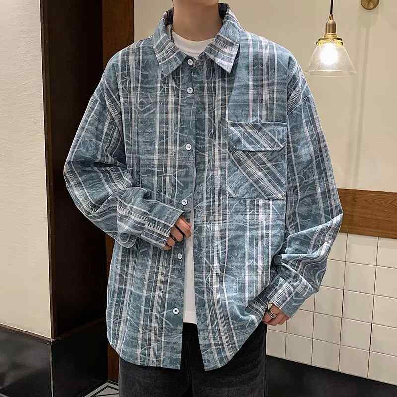 シャツ メンズ 長袖 格子柄 コットンブレンド トップス カジュアル レトロ 磨き加工 春秋 青少年 M L XL 2XL 3XL