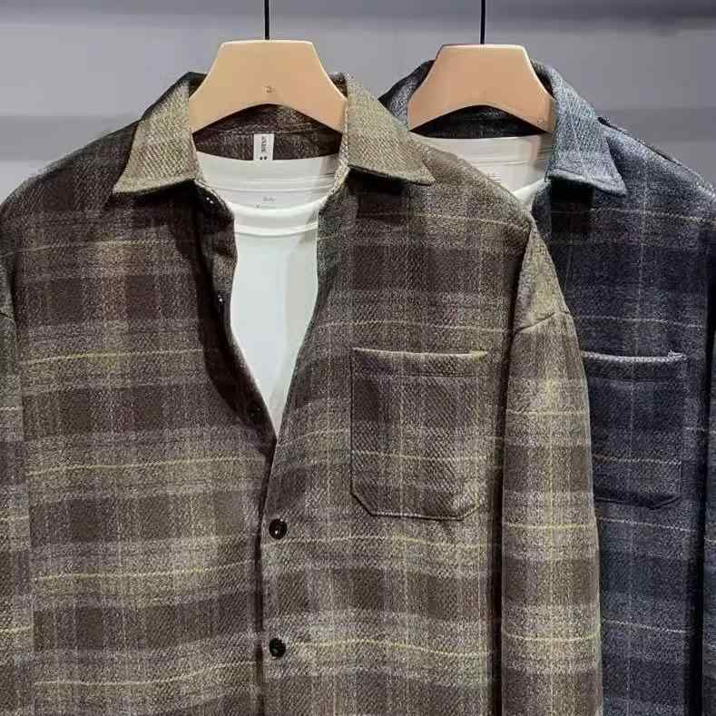 シャツ 男性用 秋冬 格子柄 長袖シャツ ゆったり 磨き加工 トップス カジュアル 普段使い ダークグレー ダークブラウン